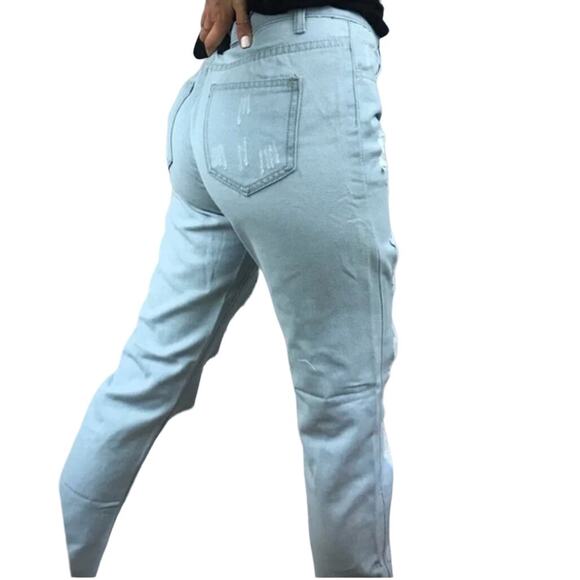 Small Light Wash Distressed High Rise Straight Leg Mom Denim Jeans - Picture 4 of 5